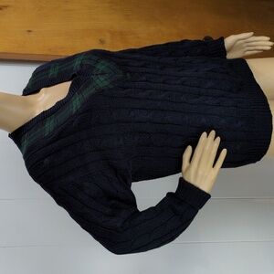 Navy Cable Knit Sweater with Green Plaid Accent